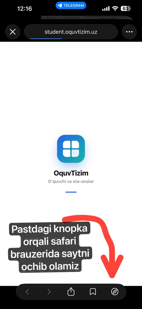 Telegram ichidagi sahifa va pastdagi Safari tugmasi