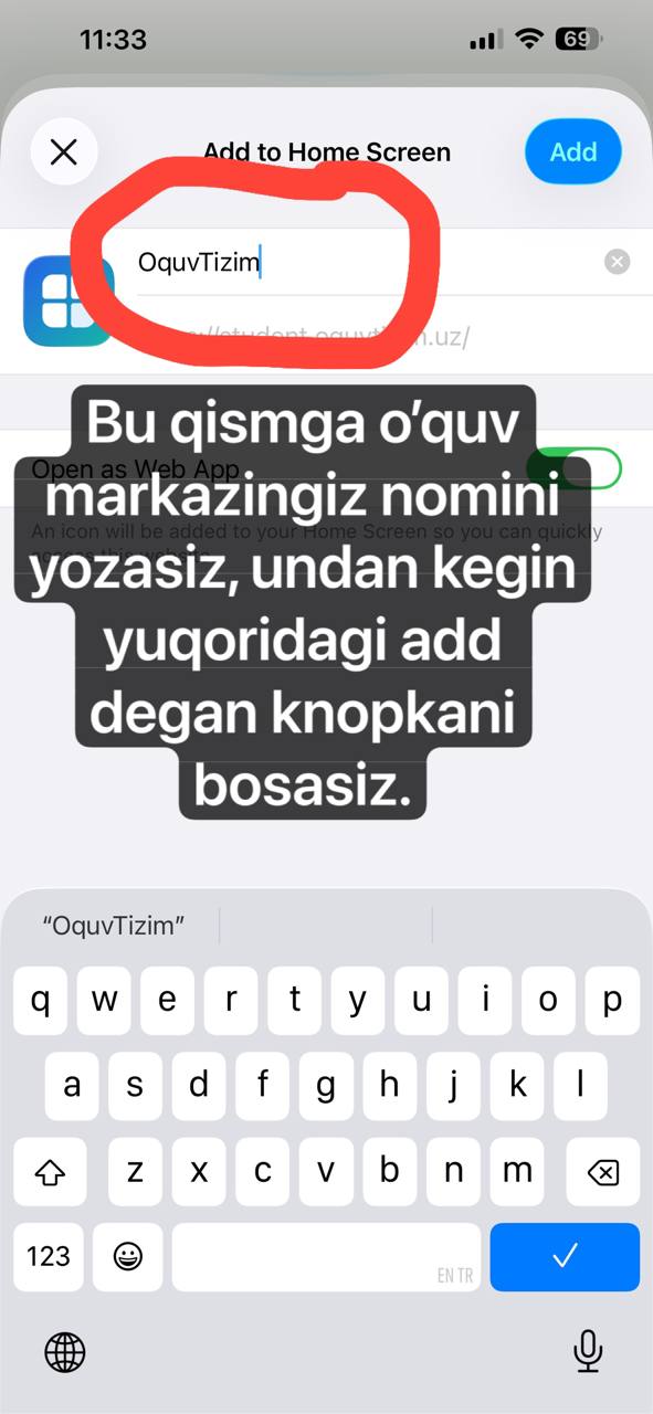 Ilova nomini yozish va Add tugmasi